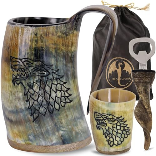 OLDEMPEROR Viking Drinking Horn Mug, 15-20oz| Shot Glass and Bottle Opener| Unique Handmade Viking Spacial Father's Day Gifts - Food Grade Medieval Style (Fenrir)