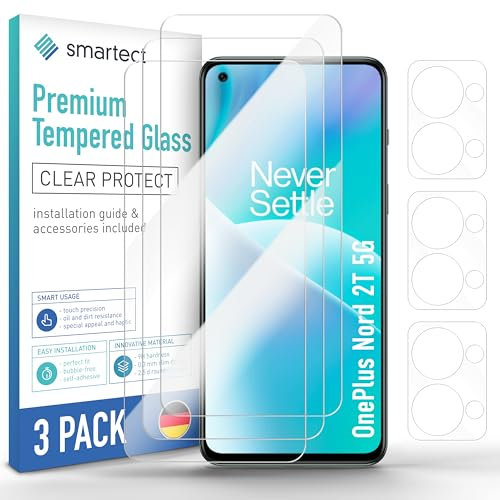 smartect Verre Trempé [3 + 3 Pièces, Clear] pour OnePlus Nord 2T 5G, Écran + Caméra, Protecteur d'écran en Verre HD Anti Rayures, Sans Bulles, Dureté 9H, 0.3mm Ultra Transparent