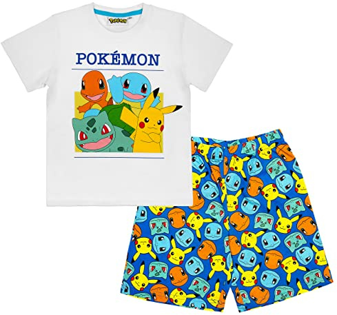Pokémon Jungen Pyjama Set Kurzarm T-Shirt & Hose, Kinder Schlafanzug, Sommer mit Pikachu & Glumanda, Baumwolle Schlafi Nachtwäsche Outfit