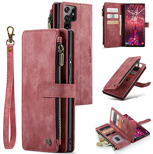 UEEBAI Caseme Mobile Phone Case for Samsung Galaxy S22 Ultra 5G, Premium PU Leather Soft Flip Case, Magnetic Closure, Card Slot, Stand Function, Wallet with Lanyard, Protective Case - Red