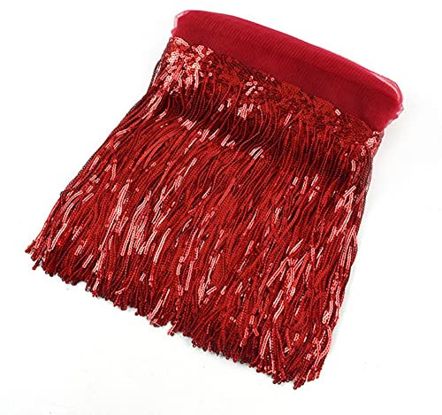 Yurosiay 10 Yard ×20cm Pailletten Quasten Geschnitten Pailletten Fransen Schnittfranse Glitzer Fransenborte Pailletten Tanzfransen Pailletten Fransen Rock für Kostüm Nähen Basteln Rot