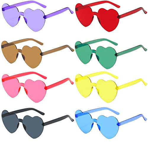 8 Paar Farbige Herz Sonnenbrille Set,Retro Transparent Randlose Party Brille,Lustige Brille,Herz Hippie Brille ,Passend Für Urlaub,Party,Hochzeit,Halloween,Weihnachten Und Andere Kostüm Brille