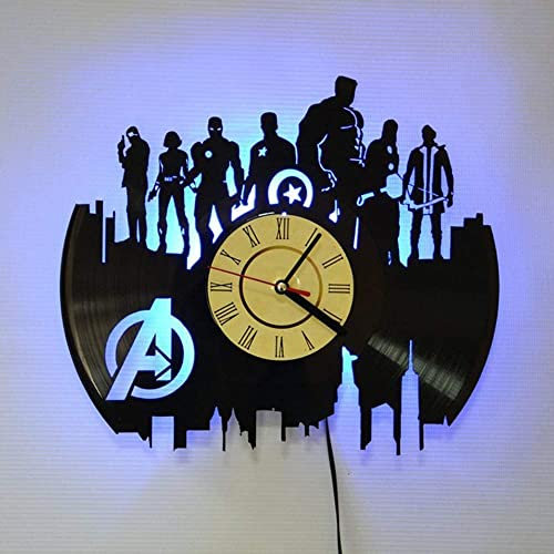 VIKIMO Wall Art Clock,Vinyl Record Wall Clock,Mute wall clock Superhero series Avengers LED decorative wall clock For friends around you, no LED light (Color : Led Light (Battery Box))