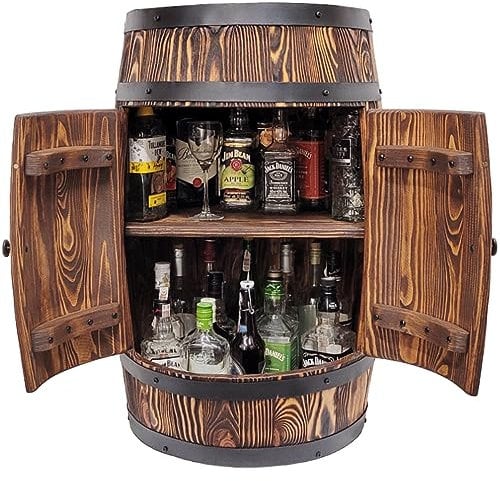 weeco Holzfass - Wein Rack - Flasche Halter Tisch - Fassbar mit tür 80x50cm - Geschenk für einen Mann - Weinregal theke Hausbar handgemacht Vintage-Stil Weinfass Bar