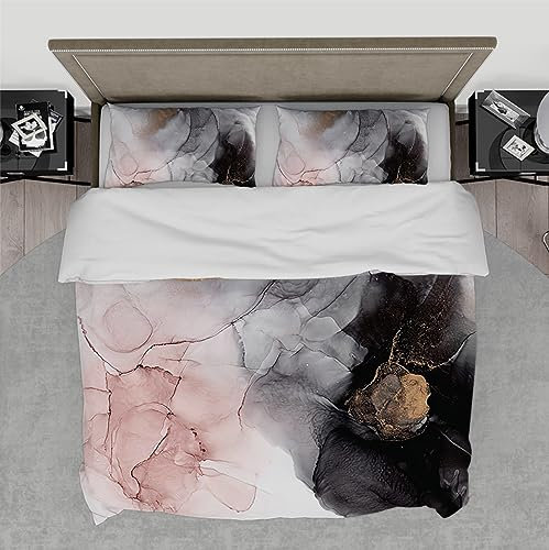 Texture de marbre Housse de Couette Rose et Noir Moderne Abstrait Encre Art Facile d’Entretien et Lavable en Machine Couette Ensemble de literie avec 2 taies d’Oreiller 120x200cm