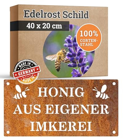 Feuerfest 123 Deko-Schild Honig aus eigener Imkerei I 40x20 cm I Stilvolles Gartenschild zum Aufhängen I Hochwertige Edelrost-Gartendeko aus Cortenstahl I Garten-Schild aus präziser Handarbeit