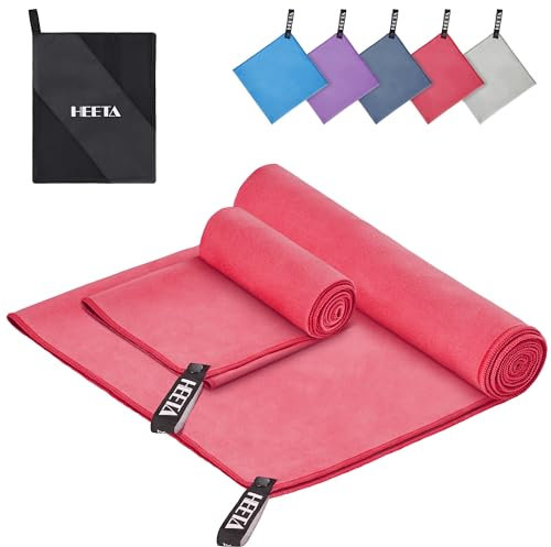 HEETA Sport Mikrofaser Handtücher Set 2 Stück (80x40cm + 180x90cm) -Weich Schnelltrocknende Handtücher für Fitness, Strand und Outdoor-Aktivitäten, Microfiber Towel mit Aufbewahrungsbeutel, Rosarot