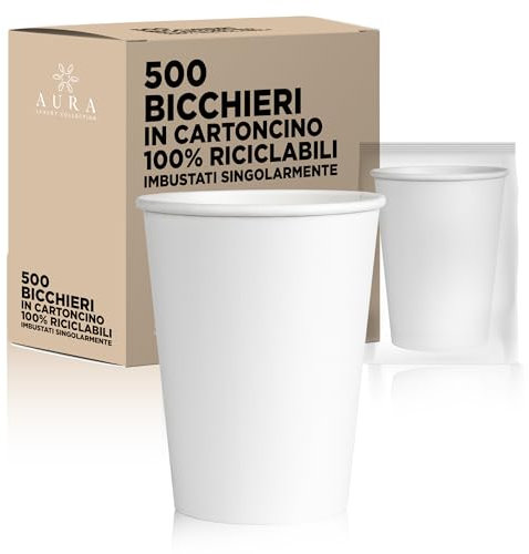 AURA LUXURY COLLECTION Bicchieri in cartoncino imbustati singolarmente monouso bianchi riciclabili per hotel e b&b 210 ml (500)