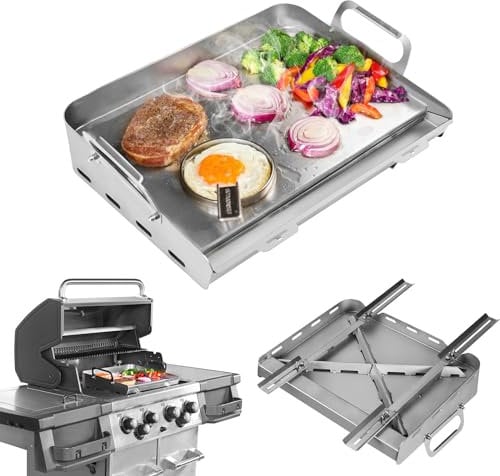 LKVHV Grillplatte für Gasgrill, flacher Grill mit abnehmbarer Fettschale, einziehbare Edelstahl-Grillplatte, Herdplatte für Gas-/Holzkohlegrill, perfekt für Camping, Partys, 43,2 x 33 cm