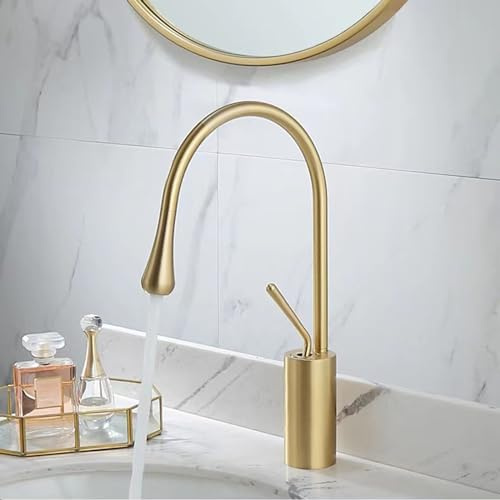 Robinet Lave Main Salle de Bain Col de Cygne Rotation 360° Mitigeur Salle de Bain pour Lavabo Monotrou,Or Brossé