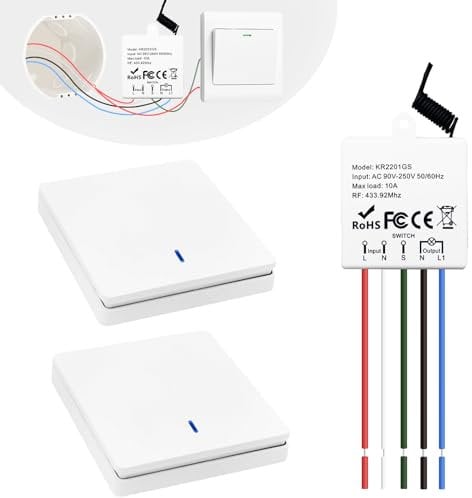 Interruttore senza fili della luce, Radiotrasmettitore a parete 433mhz e Controller Ricevitore RF a relè da 10A, facile installazione per lampade fino a 1500W,Kit interruttore di sicurezza 220V 230V