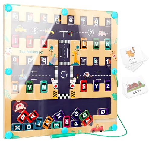 HENGBIRD Magnetspiel Montessori Spielzeug, Magnetisches Alphabet Puzzle, Holz Labyrinth Spiel Kinderspielzeug ab 3 4 6 7Jahre, Spielzeug Sortierung Spiel Magnete Motor Fähigkeiten Spielzeug