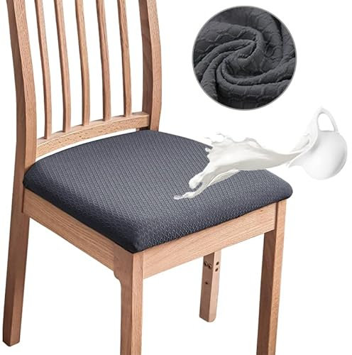 MOLVCE Jacquard Esszimmerstuhl Sitzbezüge 6er Set, Stretch Sitzkissenbezug Abnehmbare und Waschbare, TPU Laminiert Wasserdicht Stuhlhussen, Stuhlbezug für Küchen, Bankette, Hotel, Dunkelgrau