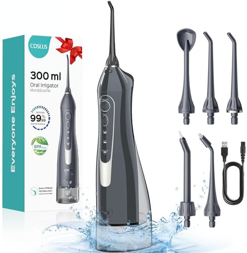COSLUS Water Dental Flosser Teeth Pick: 2025 Upgraded Portable Cordless Waterproof Flossing 300ML Rechargeable Travel Irrigation Cleaner IPX7 Gray