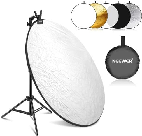 Neewer 32/80cm Light Reflector Kit, 5 in 1 Collapsible Round Reflector (Translucent/Silver/Gold/White/Black) w/Clamp, Mount Adapter & 21-43/53-110cm Stand for Low Angle Children Studio Photography