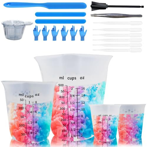 Juego de 31 vasos medidores de silicona con estructura de panal antideslizante, accesorios de resina epoxi, 500/250/120 ml (copa/oz), vasos de medición para fabricación de joyas, laboratorio y