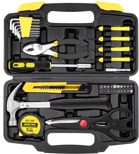 DOWELL 40-teiliges Werkzeugset für Zuhause, Gelb, allgemeines Haushalts-Handwerkzeug-Set mit Kunststoff-Werkzeugkasten, Aufbewahrungskoffer, Mini-Reparatur-Werkzeugset für Frauen, Studenten