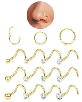 FIOROYAL 18G Nasenpiercing Ring und 20G Nasenpiercing Stecker,Helix Piercings Chirurgenstahl,Clicker Nose Ring,2/2,5/3mm Kugel CZ Spirale Nasenstecker Set,Nostril Piercing Schmuck Gold
