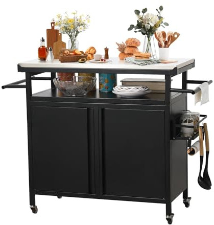 Nexaio XL Rollbar Grillwagen Outdoor Terrassenmöbel Outdoor Grilltisch mit Edelstahlplatte für Küchenvorbereitung und Outdoor-Aufbewahrungsschrank für Grillzubehör, Schwarz