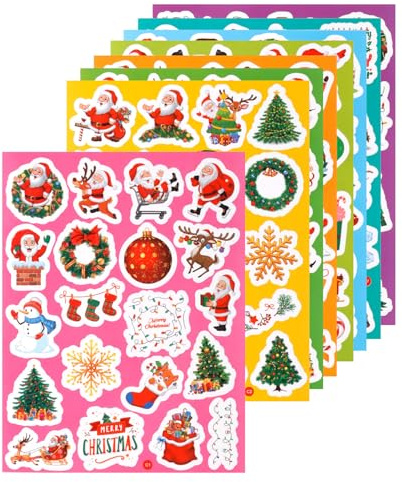 8 Sheets 160pcs Christmas Stickers for Kids, Christmas Tree Snowflake Santa Claus Elk Cute Holiday Stickers Waterproof Christmas Decorations Sticker for Scrapbooking Crafts Cards Party Favors