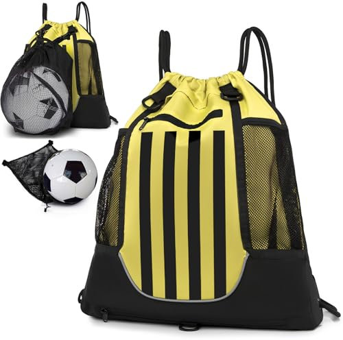 STAY GENT Drawstring Basketball Rucksack für Kinder Jugendliche Erwachsene, Foldable Fußball Volleyball Sporttasche mit Abnehmbarem Ball-Netztasche für Turnhalle Yoga Wandern, Gelb Schwarz Streifen