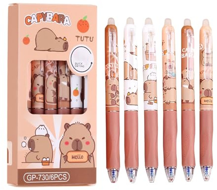 FloralGrace 6 Stück Capybara Gelstifte Radierbar 0,5 mm Blaue Tinte Einziehbare Gelschreiber Schnelltrocknend Schreibwaren Set für Büro Schule Notizen
