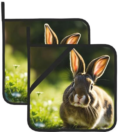 Topflappen-Set mit Hasen-Motiv, quadratisch, Polyester, für Damen und Herren, Kochen, Grillen, Mikrowelle
