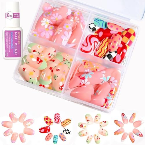 96pcs Almond False Nails - Cute Cartoon Stick-On Nails with Flower Cherry Designs - Full Cover Fake Nail Tips for DIY Manicure - Includes Glue - Kids, Women, Girls