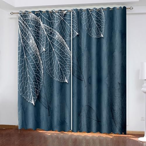 KnSam Verdunklungsvorhänge Fenster Vorhänge Blickdicht Blau Grau, Blätter Muster Thermovorhang mit Ösen Gardinen 2er Set, Schwarzout Vorhangs