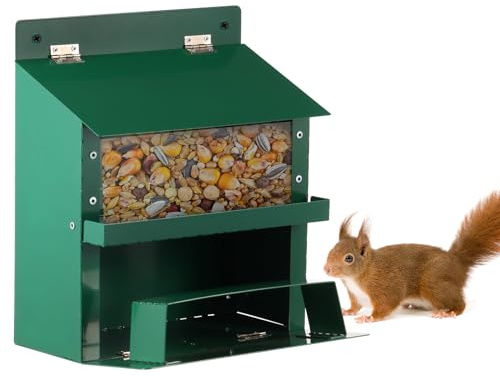 Eichhörnchen Futterhaus,Eichhörnchen Futterstation aus Metall mit Transparentem Futterbehälter,Wetterfest Stabiles Großem Fassungsvermögen Eichhörnchen Haus für den Außenbereich(Grün)