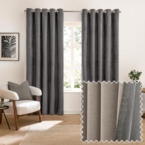 furn. Verso Blackout Ösenschal Paar – Wende Ring Oberlichtblockierende Wildledervorhänge (Holzkohle – 229x137cm)