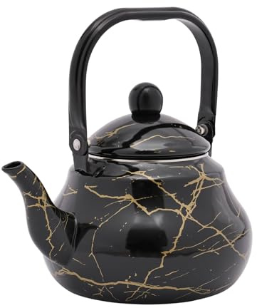 POTYYH Emaille Teekessel, 2L Camping Wasserkessel Emaillekessel Wasserkocher Flötenkessel für Induktion und Gasherd, Schwarz