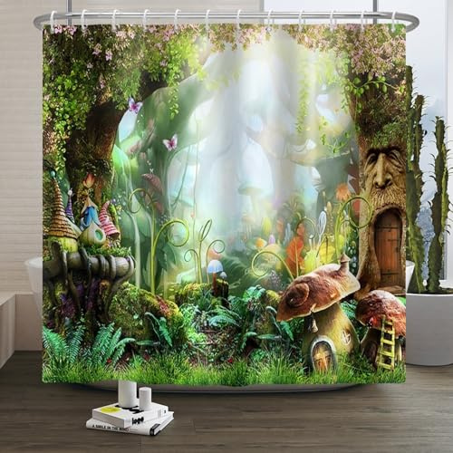 Xiaoterna Rideau de Douche Forêt enchantée Forêt enchantée printanière Champignon Rideau de Douche imperméable Jungle Arbres Fleurs Flore Papillon Polyester Décoration intérieure 180x220cm