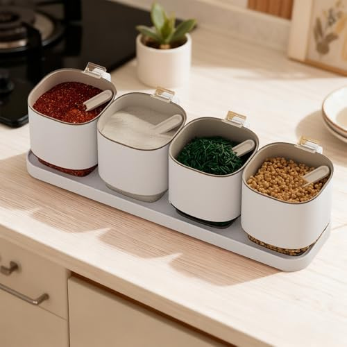 WoRaum Gewürzbehälter 4er Set aus PP&AS Material mit Halterung und Löffel für Küche, Café oder Geschenk (Weiß - 4 Tassen)
