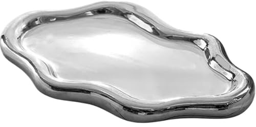 PPQIRU Vide-Poches Plat À Bibelots En Céramique, Plateau De Rangement Bijoux, Présentoir, Légère(Silver,L)