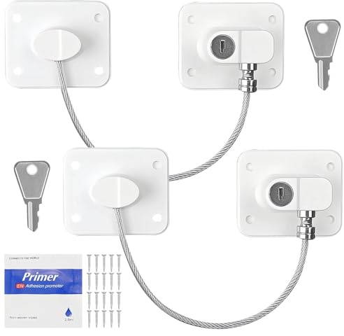 HECHKJ Cerradura de Seguridad para Niños - 2 Piezas, Protección para Ventanas, Armarios y Neveras con Llave, Montaje Adhesivo o con Tornillos, Blanco