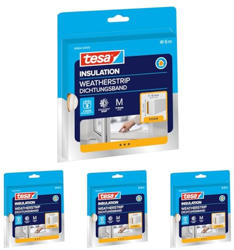 tesa INSULATION Dichtungsband M - Schaumstoffdichtung zum Isolieren von Spalten im Haushalt, selbstklebend - Weiß - 6 m x 15 mm x 5,5 mm (Packung mit 4)
