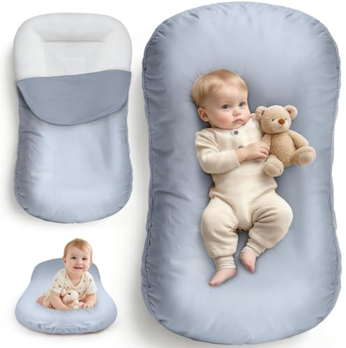 KMSUPERB Extra Großes Babynest 0–12 Monate – 94 cm Baby Lounger mit 3D Atmungsaktivem Mesh, Reiner Baumwollbezug ohne Reißverschluss – Weiches Baby Nestchen für Boden & Reise