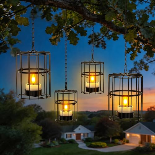 Yme Hängend Laternen mit Solar Teelichter Outdoor IP54 Wasserdicht 4er Set | Solar Outdoor Kerzen Laterne Hängend Gartenlaterne für Außen Balkon Terrasse Deko，2 Größen