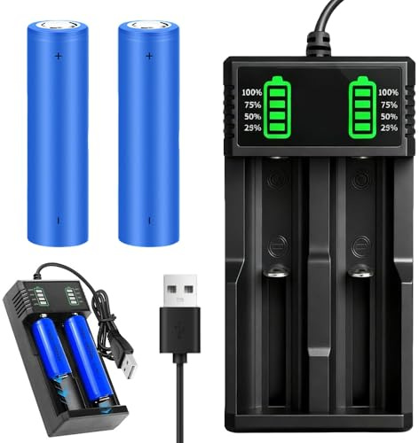 SKJJM 2 Pezzi 2200mAh Batterie 3.7V Ricaricabili, Batteria Agli Ioni di Litio da 3,7 V con Caricabatterie a 2 Slot, per Fotocamera, Piccolo Ventilatore, LED Lampada Frontale, Luci Solari