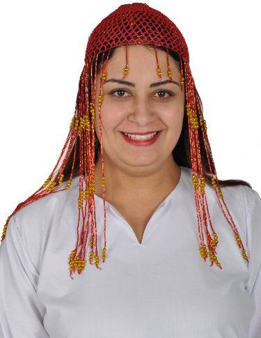 Egypt Bazar Orientalische Häkelkappe mit eingefädelten Glasperlen Kopfschmuck Bauchtanz Fasching Perlenmütze Netzmütze Häkelmütze Party-Mütze Hut Kopfbedeckung Orientalische Häkelkappe in rot/Gold