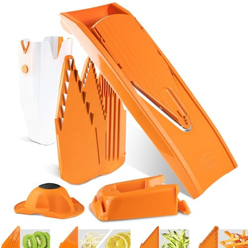 Börner Cortador de Verduras V1 (Set Profesional) • Mandolina en V con 4 Insertos, Protector, Base y Caja de Almacenamiento • Ajustable para cortar en Rodajas, Tiras y Cubos • Color: Naranja