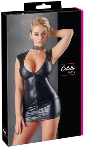 Cottelli Collection Party - figurbetontes Minikleid im Wetlook für sie, verführerisches Kleid mit tiefem Ausschnitt und 2-Wege-Reißverschluss, schwarzes Dessous-Kleid
