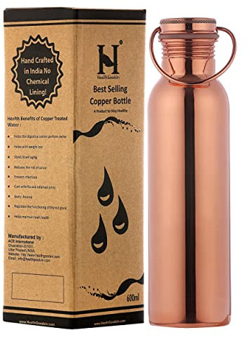 HealthGoodsIn – Botella de Agua de Cobre Puro (99.74%) con asa de Transporte | Botella de Agua ayurvédica sin Costuras a Prueba de Fugas, 600 ml