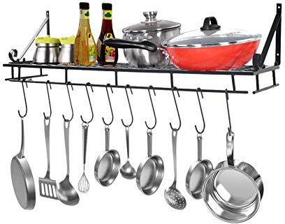 Wall Wall Mount Pot Pan Rack Kitchen Utensils Hanging Shelf Pot and Pan Hanging Rack with 10 Hooks, Black Saucepan Holder, Pan Racks for Kitchen Hanging, 90cm