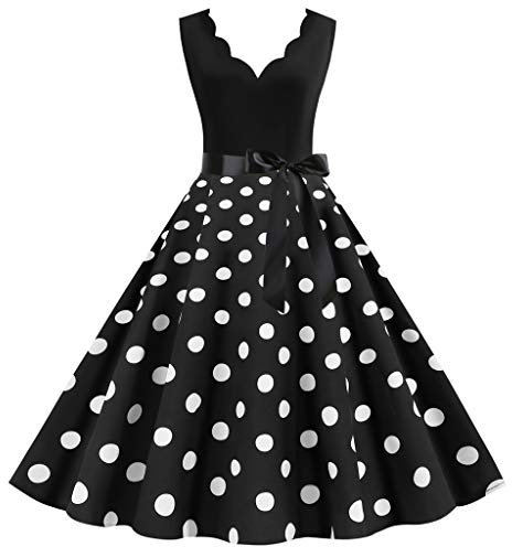 KIMODO Frauen Vintage Kleid, 50er Jahre 60er Jahre Retro White Polka Dot ärmelloses Halfter Bodycon Abendgesellschaft Prom Swing Dress (Schwarz, 3XL)