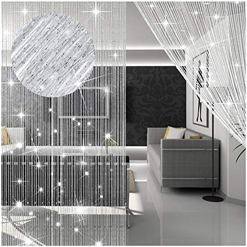 WILLBOND Fadenvorhänge, glitzernde Fransenvorhänge für Fenster, 200 x 99 cm, Türteiler, Streifen, Quaste für Hochzeit, Wohnzimmer, Badezimmer, Café, 4 Stück (Silber)