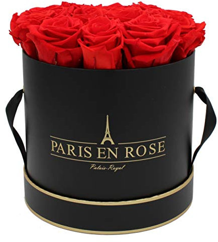 PARIS EN ROSE Rosenbox | mit 14 roten Infinity Rosen Größe XL | konservierte ewige Rose |runde Schwarz-Goldene Box | 3 Jahre haltbar | Grußkarte
