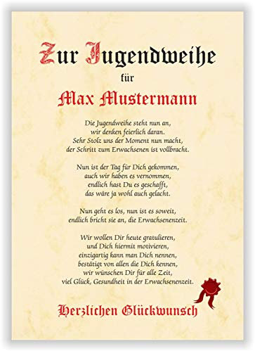 Urkunde als Geschenk zur Jugendweihe Junge Mädchen - Geschenkurkunde personalisiert - mit Name toller Spruch Karte Gedicht Party Deko Andenken