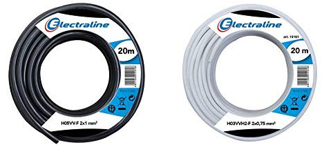 Electraline 11405 H05VV-F Cavo per Prolunghe, Sezione 2x1 mm, Lunghezza 20 m, Nero & 10904 Piattina Indivisibile H03VVH2-F, Sezione 2x0.75 mm, 20 mt, Bianco